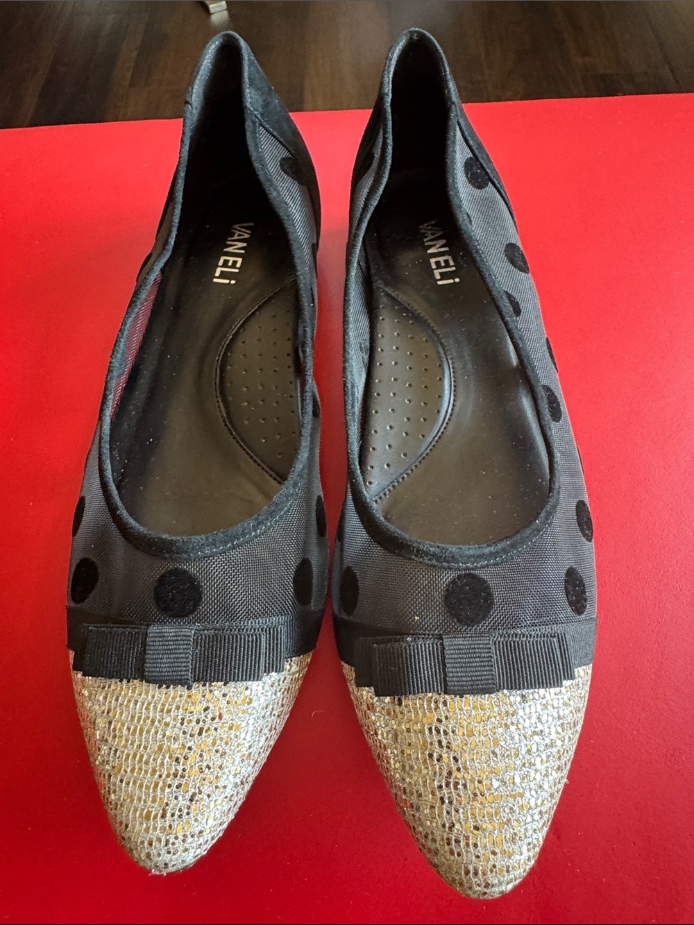 Vaneli Black Polka Dot Ballet Flats with Gold Glitter Pointed Toe
